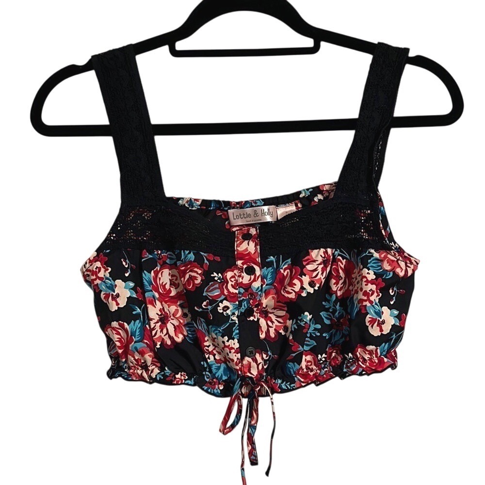 Lottie‎ & Holly BOG Floral Women's Boho Tank Crop Top Crocheted Straps Small